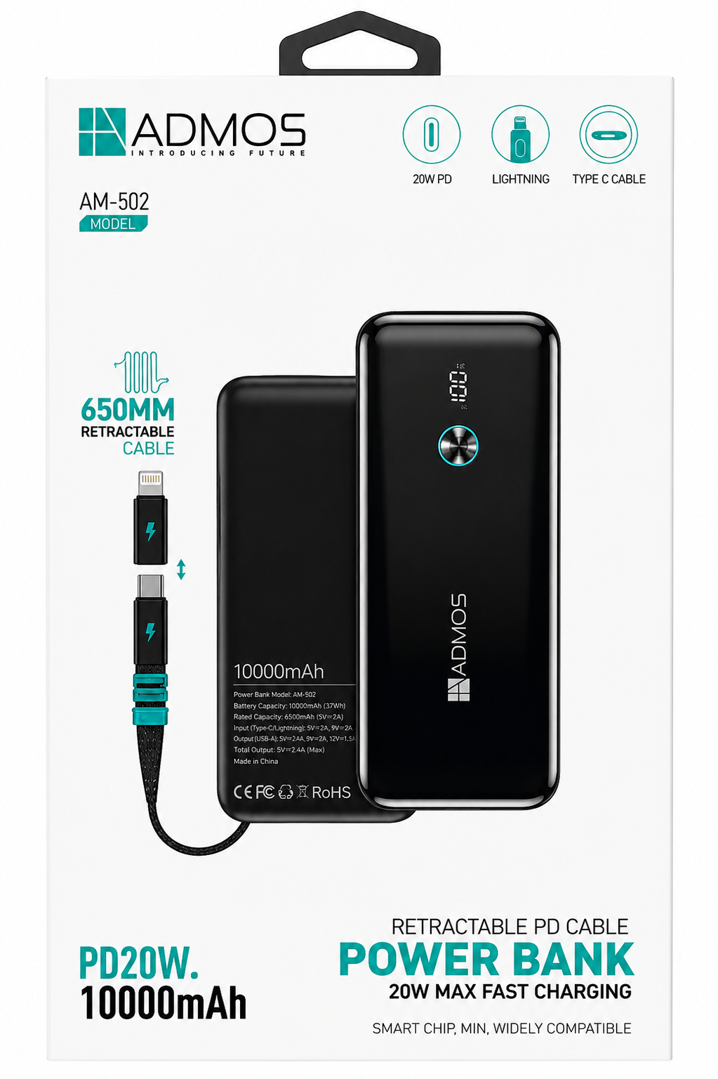 ADMOS RETRACTABLE PD CABLE POWER BANK 20W MAX FAST CHARGING AM 502