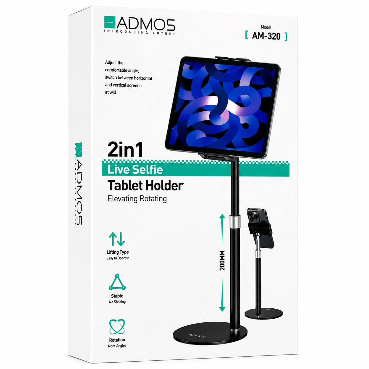 ADMOS 2 IN 1 Live Selfie Tablet Holder, Height Adjustable, 360 Degree Rotating Tab Stand