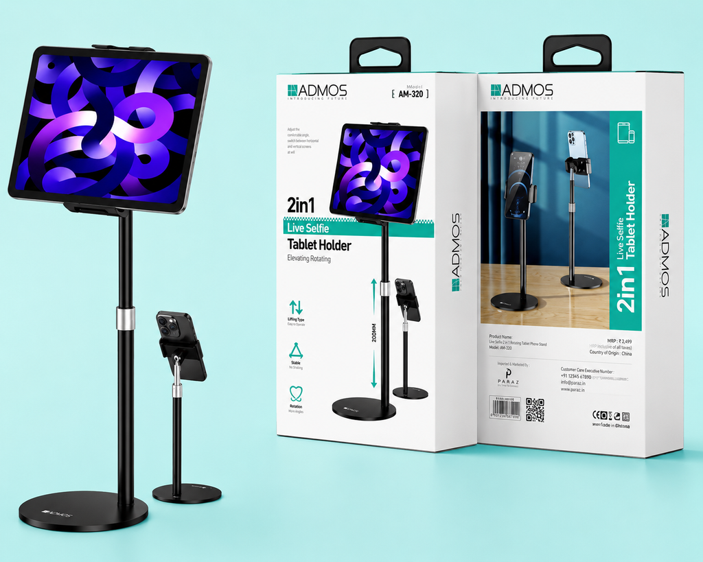 ADMOS 2 IN 1 Live Selfie Tablet Holder, Height Adjustable, 360 Degree Rotating Tab Stand